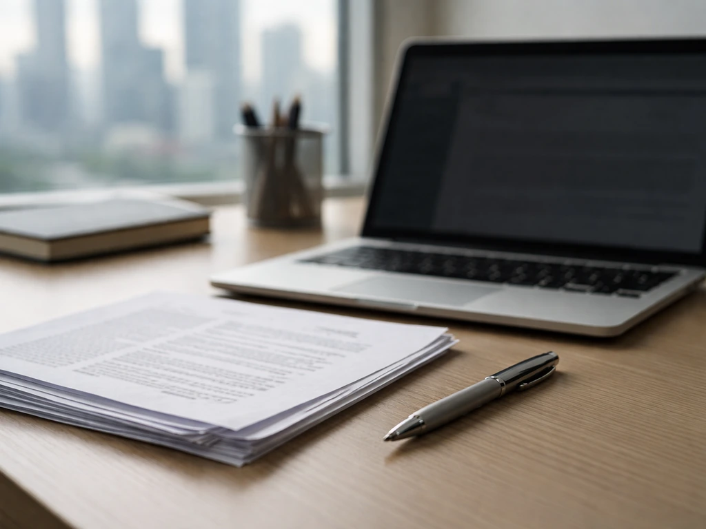 Minimal photo of a neutral desk with laptop, documents, and a blurred city view, suggesting wealth research