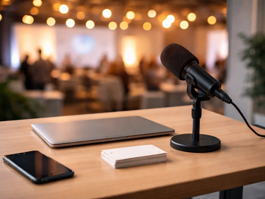 Minimal tech desk with microphone and laptop in soft conference lighting, symbolizing media profile and wealth interest