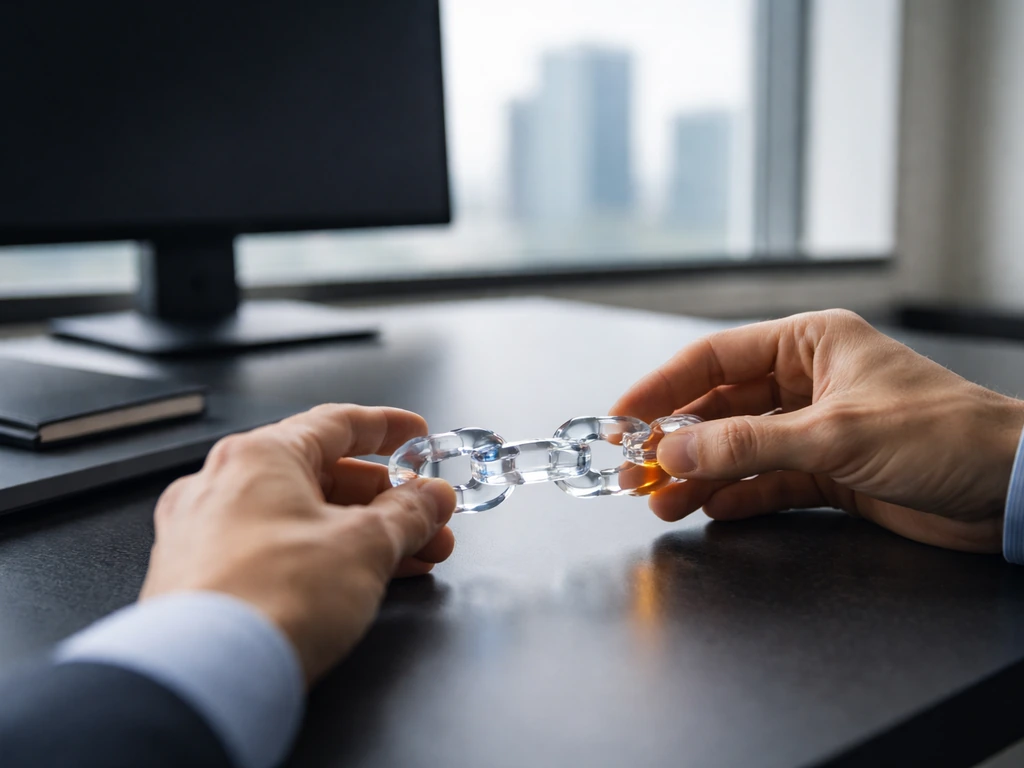 Hands connecting small clear acrylic nodes on a desk, symbolizing business partnerships and equity.