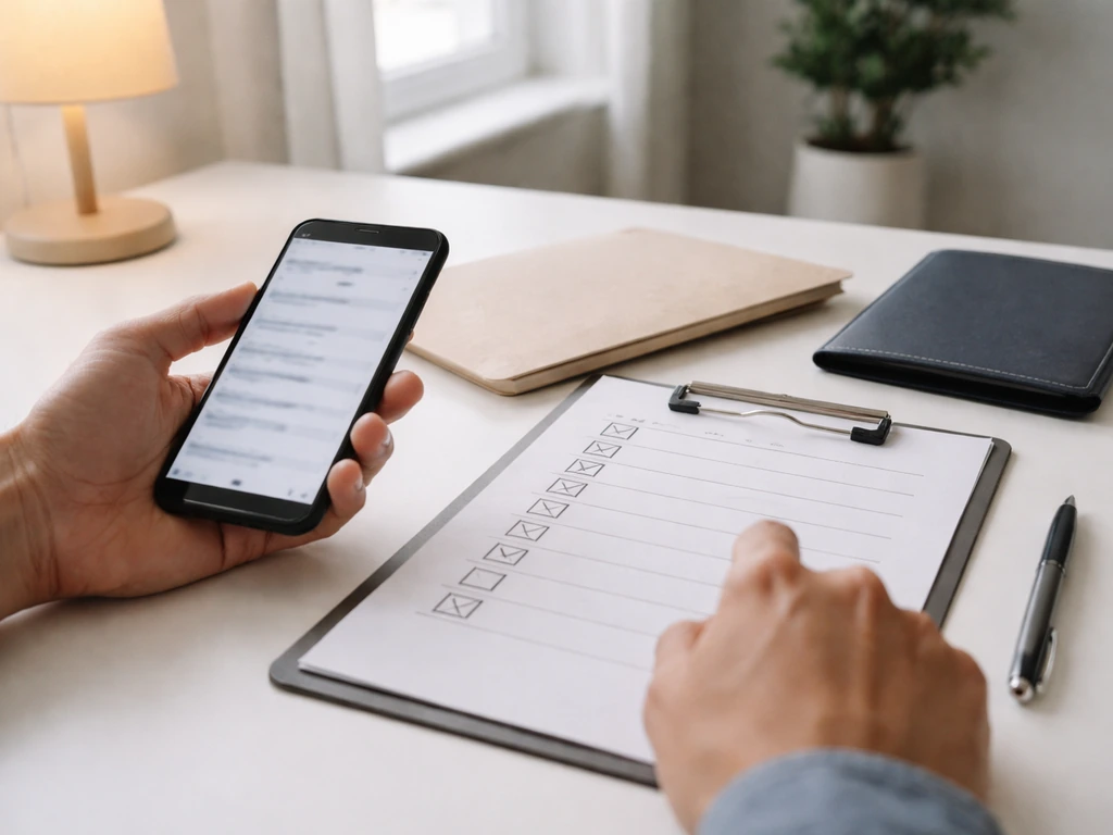 Anonymous hands reviewing verification paperwork while a phone shows blurred company-record search results.