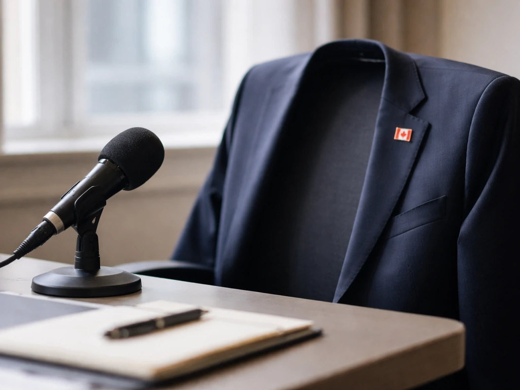 Minimal office scene with a dark suit jacket, microphone, and a Canadian-flag pin suggesting Canadian politics and media