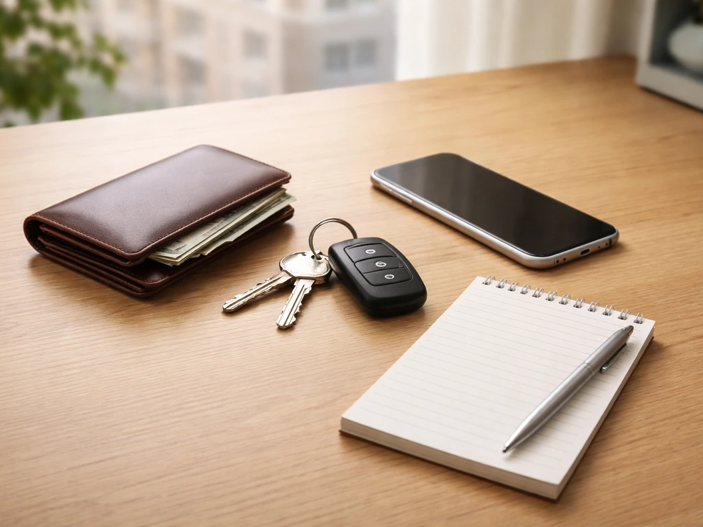 Minimal desk scene with house keys, car key fob, wallet, and blank notepad suggesting wealth checks