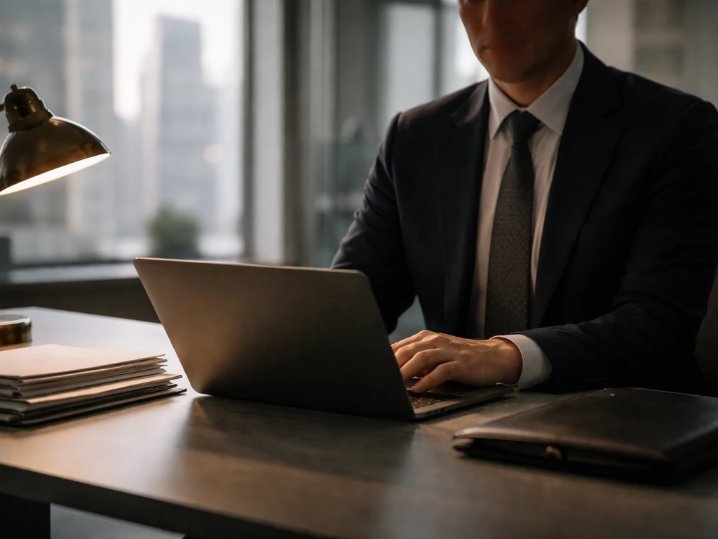 Wall Street-style office scene with a banker at a desk using a laptop near financial documents, no identifiable person.