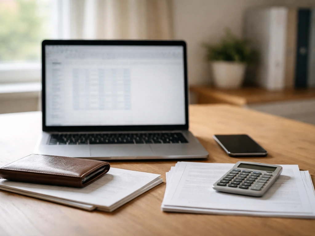 Minimal home office desk with laptop spreadsheet-like grid, calculator, and documents symbolizing net worth analysis.