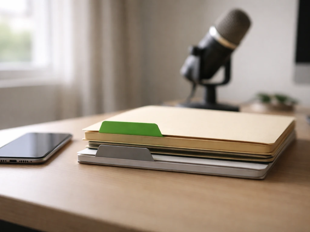 Minimal business desk with color-coded folders and a microphone, symbolizing confirmed vs estimated verification.