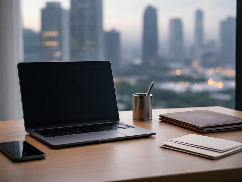 Minimal office scene with a smartphone and subtle wealth symbolism for a telecom executive net worth article
