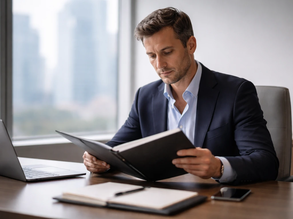 Anonymous suited executive reviewing documents in a modern office with a blurred city view.