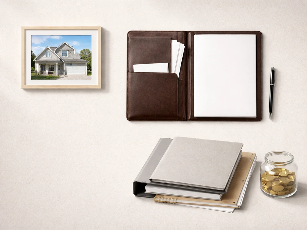 Minimal collage of a house photo, unlabeled investment documents, and coins on a desk.