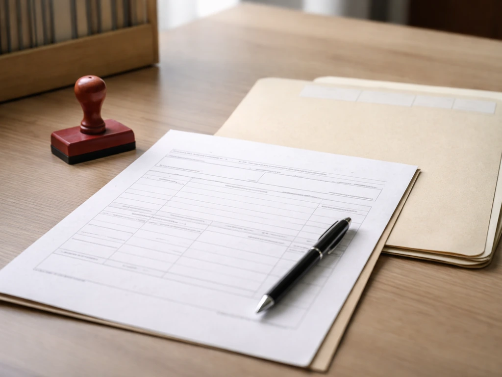 Close-up of a formal patrimony declaration document template beside a stamp and labeled public record folder.