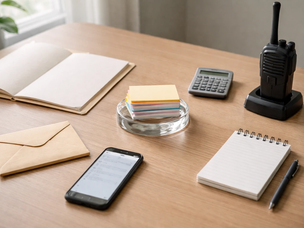 Minimal desk scene with blank papers, calculator, envelope, and smartphone symbolizing analyst triangulation.