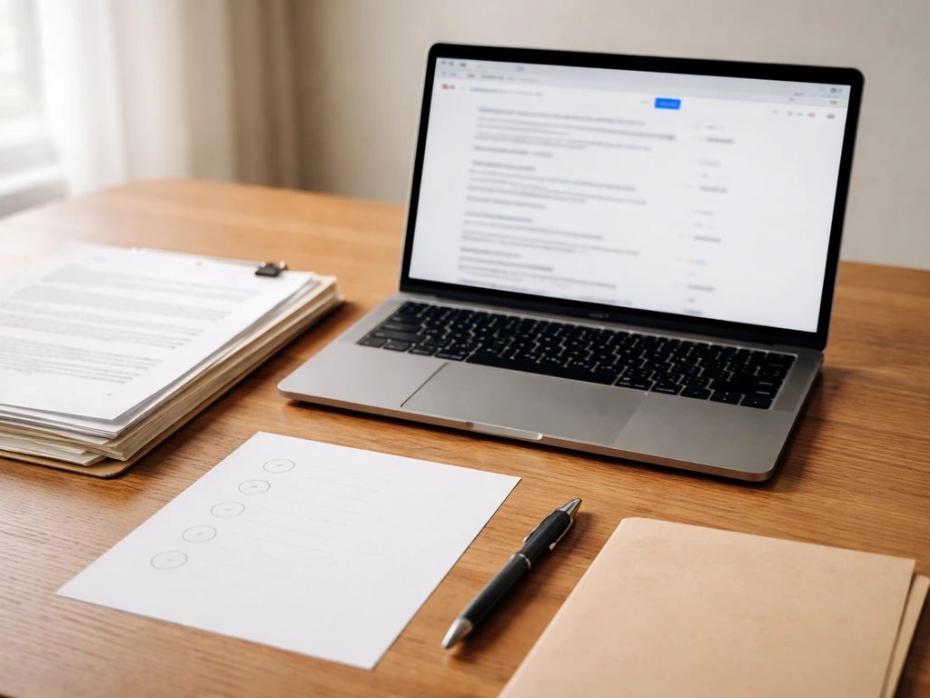 Minimal desk scene with laptop open to a public records search, papers laid out for verifying an estimate