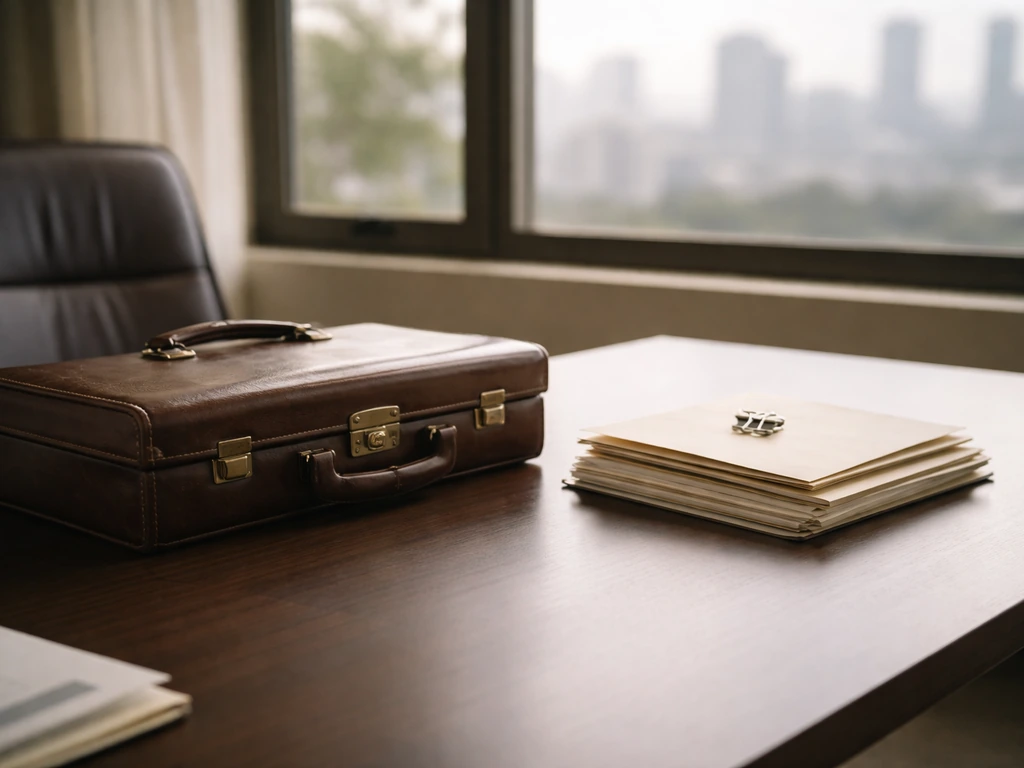 Minimal office scene with business documents and an insurance briefcase, suggesting Haiti-related records