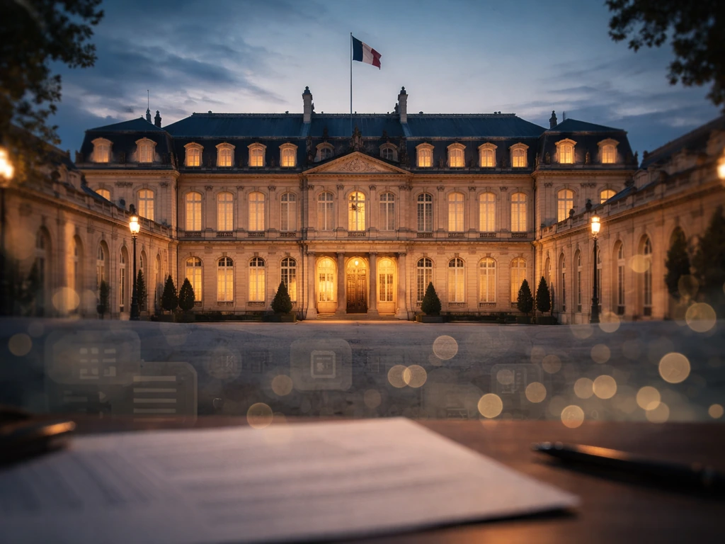 Elysée Palace at dusk with subtle finance-themed icons overlaying a net-worth estimation theme