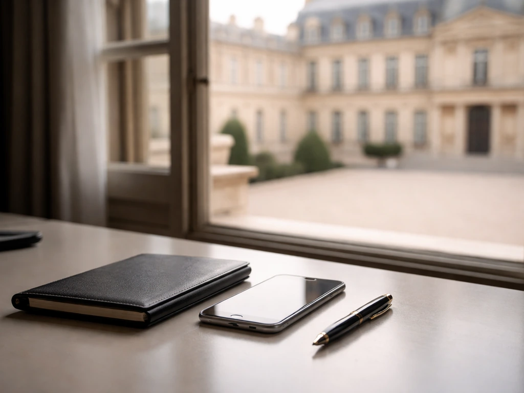 Quiet office desk with an anonymous smartphone and a muted view of an elegant palace courtyard in the background.