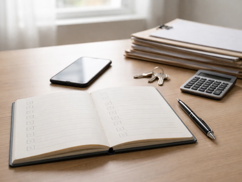Minimal desk scene with checklist notebook, documents, calculator, and pen suggesting an estimate workflow.