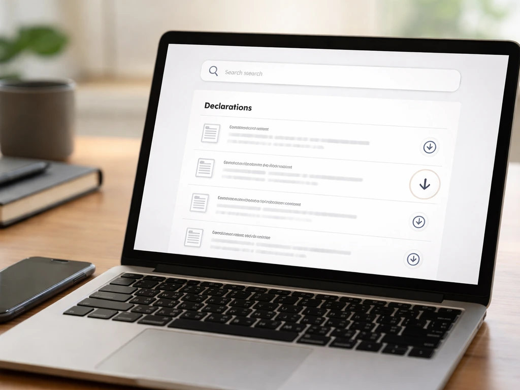 Close-up of a laptop showing a generic search results page and a download icon for a document