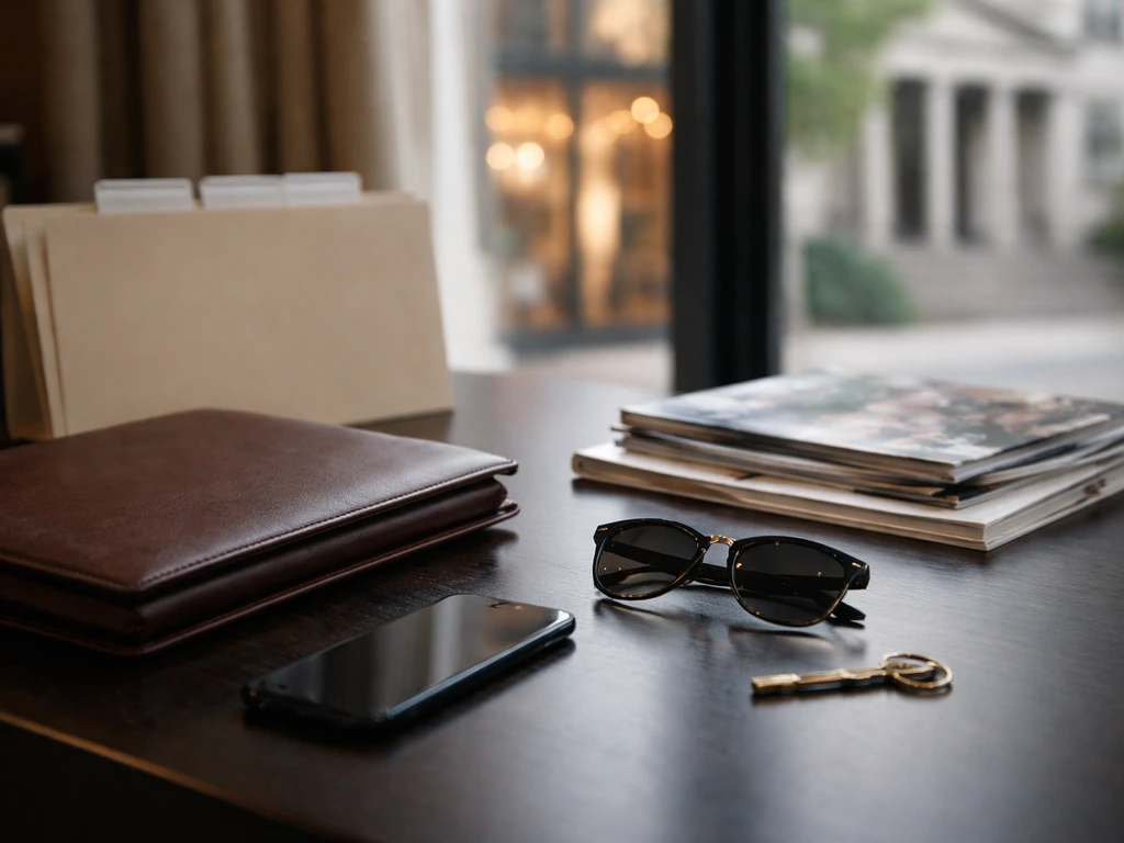Luxury desk scene with portfolio, smartphone, and blurred court/boutique cues for wealth research