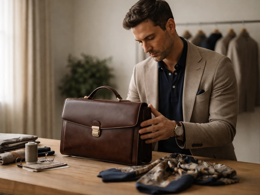 Anonymous fashion entrepreneur in a luxury studio examining a leather briefcase and silk scarf.