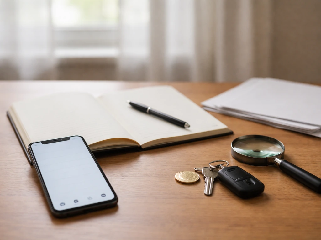 Desk scene with magnifying glass, documents, coins, and a phone suggesting identity and estimate checks.
