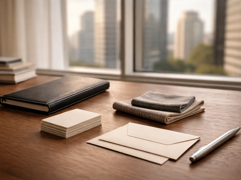 Minimal photo of a luxury fashion desk setup with notes, business cards, and cash-like envelopes for wealth growth