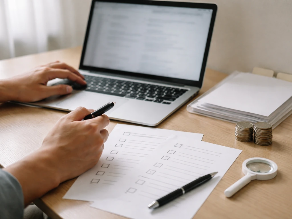 Hands verifying business records with a laptop, magnifying glass, and blank documents on a simple desk.