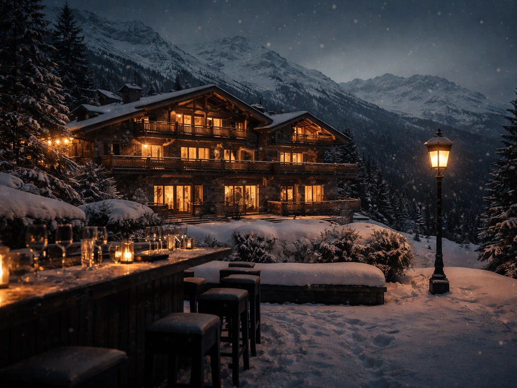 Warmly lit luxury chalet in the Swiss Alps at night, evoking Crans-Montana hospitality and wealth.