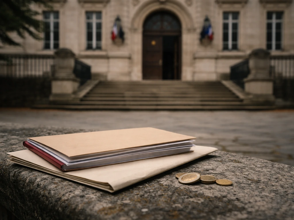 Courthouse exterior with a bench holding an unlabeled envelope and coins, symbolizing disputed wealth caveats.