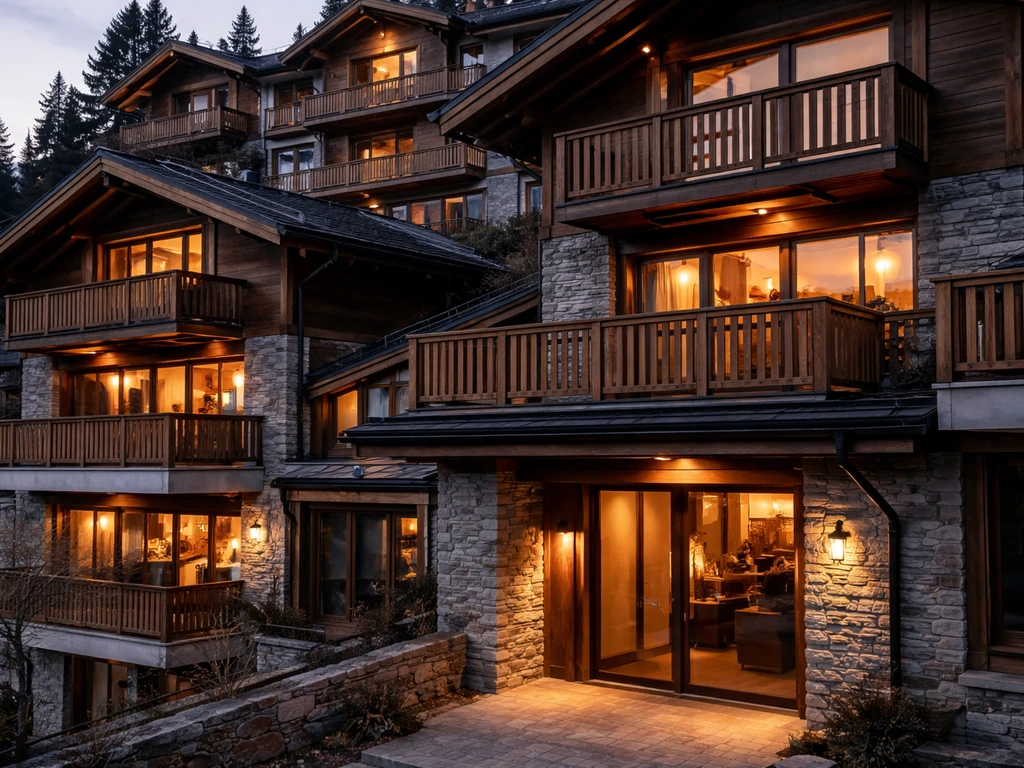Close view of adjacent chalet buildings with warm entrance light, suggesting a small real-estate cluster.