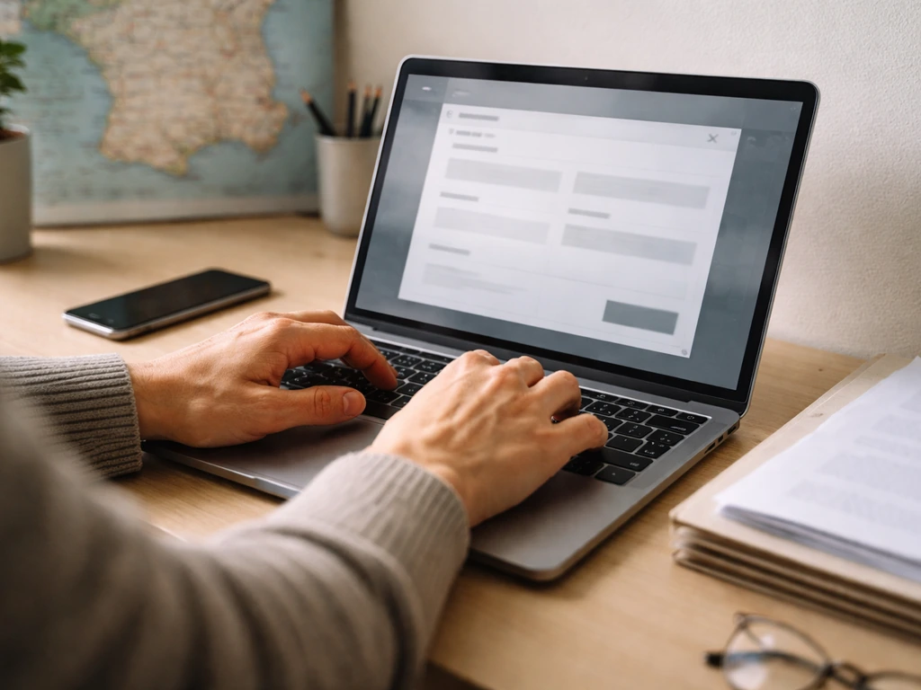 Person working at a laptop with French registry search-like interface focused on business due diligence.
