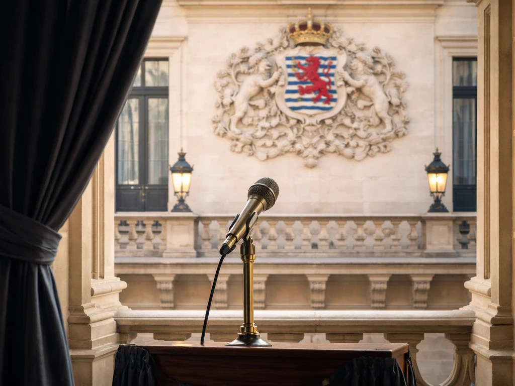 Empty palace ceremony scene with ornate stone and a brass microphone, symbolizing official leadership.