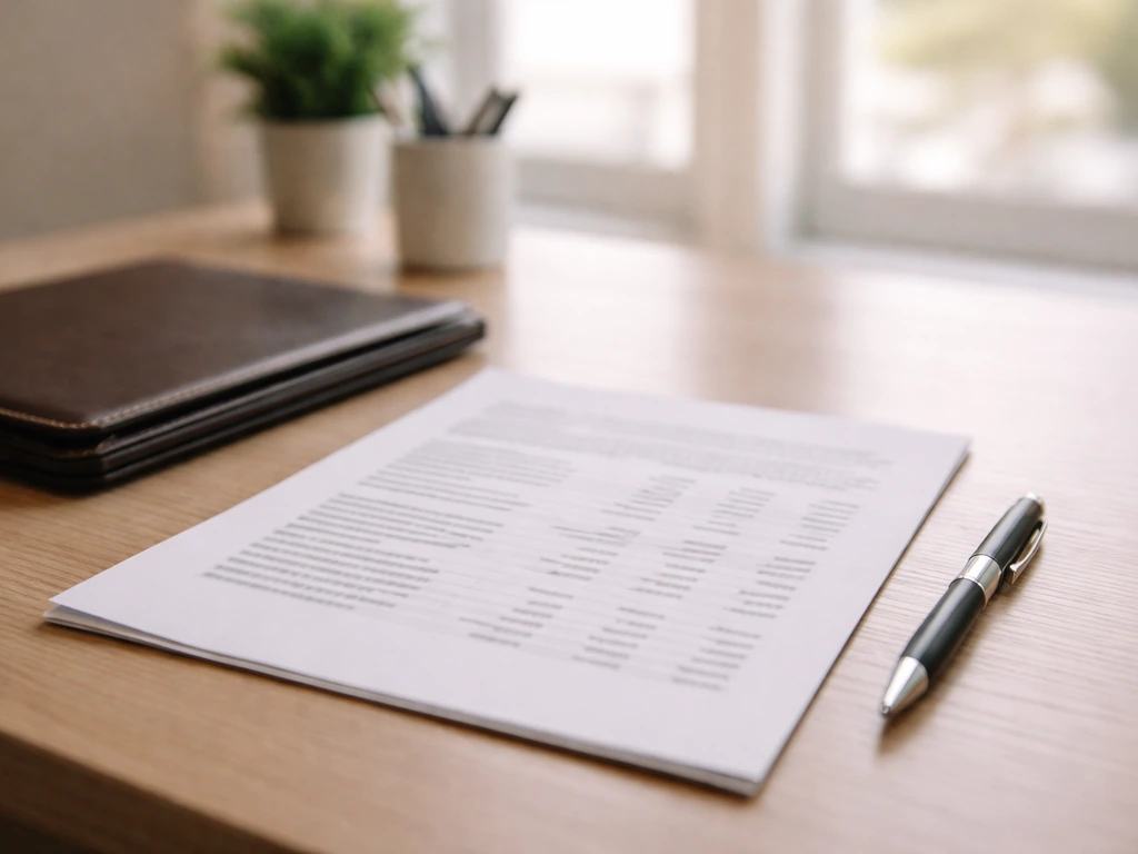 Open budget document on a desk with pen and folder, natural light, minimal office scene.