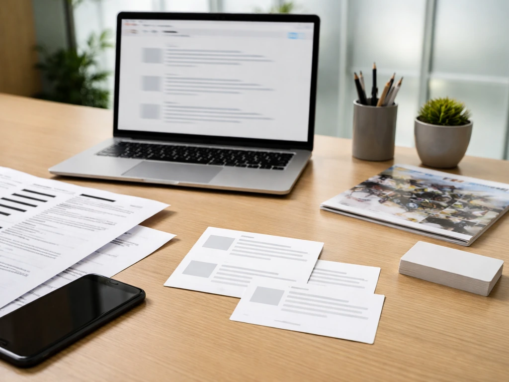 Minimal photo of a cluttered desk with anonymous business documents and a laptop, symbolizing net worth search results.
