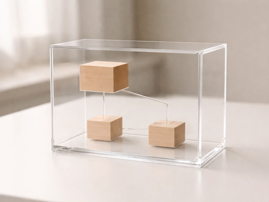Minimal photo showing a hand placing a small model block labeled by color-coded pieces into a clear case