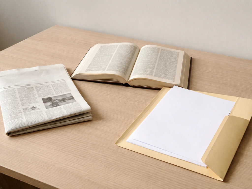 Minimal desk scene with three relevant media items: newspaper, open reference page, and press release folder.