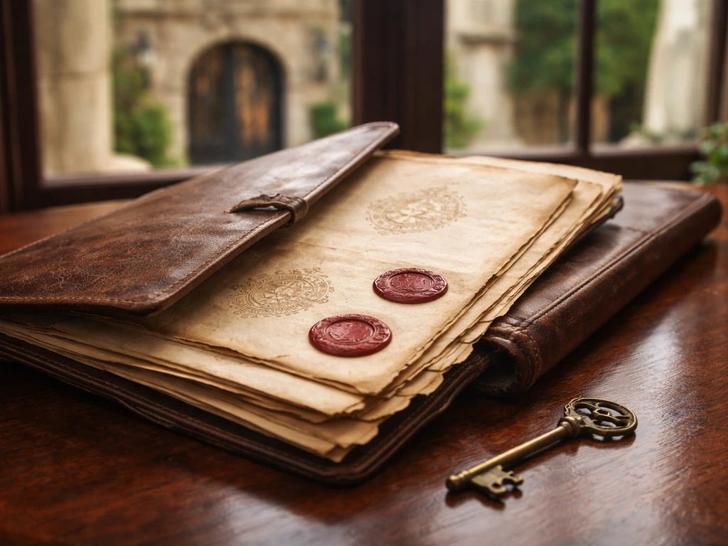 Worn Spanish noble property documents and a small antique key on a wooden table with an estate doorway blurred behind.