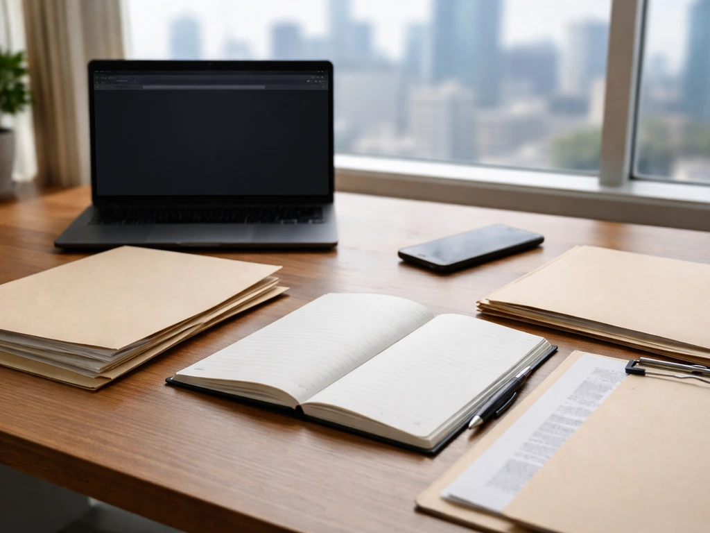 Minimal desk scene with open laptop and blank records folders suggesting a repeatable wealth research workflow.
