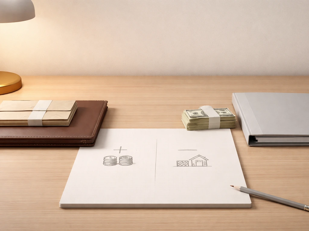 Minimal desk scene symbolizing assets and liabilities with envelopes, papers, and a blank notebook.
