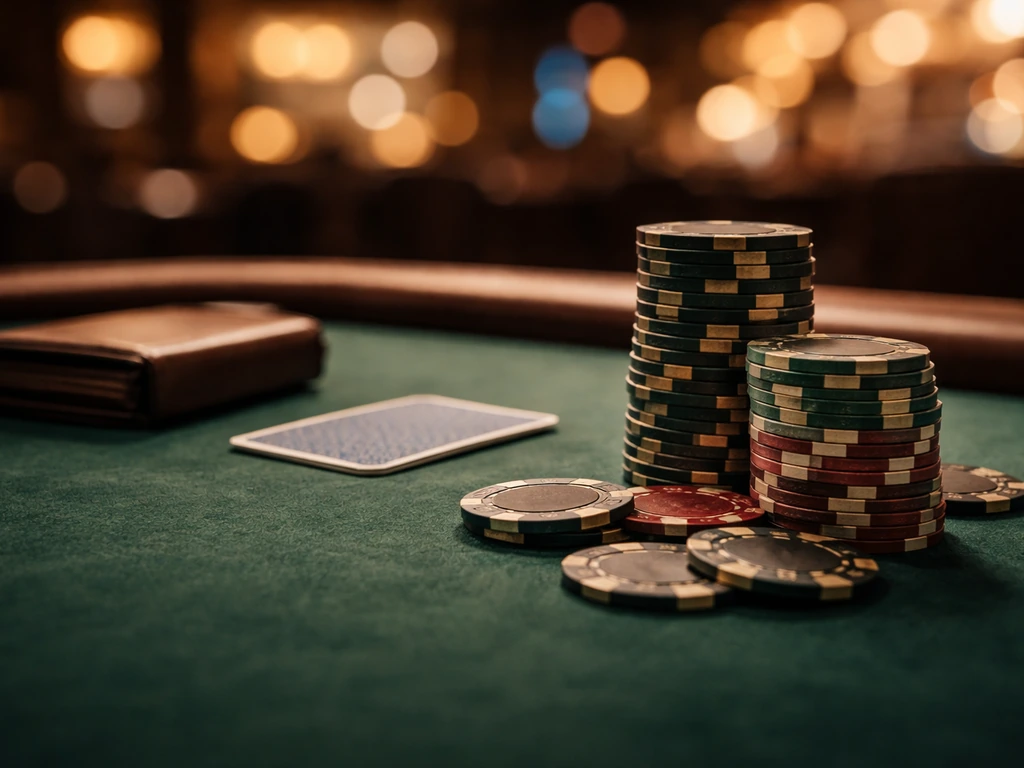 Close-up of stacked poker chips on a felt table with a card holder, suggesting high-stakes poker economics.