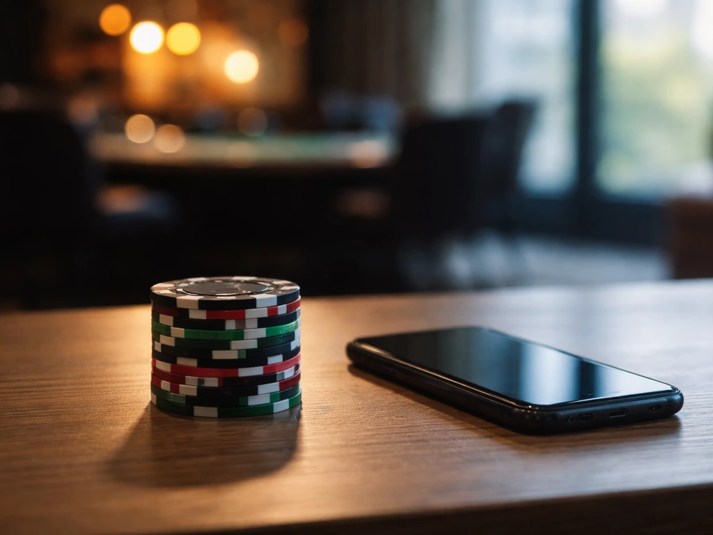 Minimal photo of a poker chip on a desk beside a smartphone, symbolizing early-to-later wealth shift
