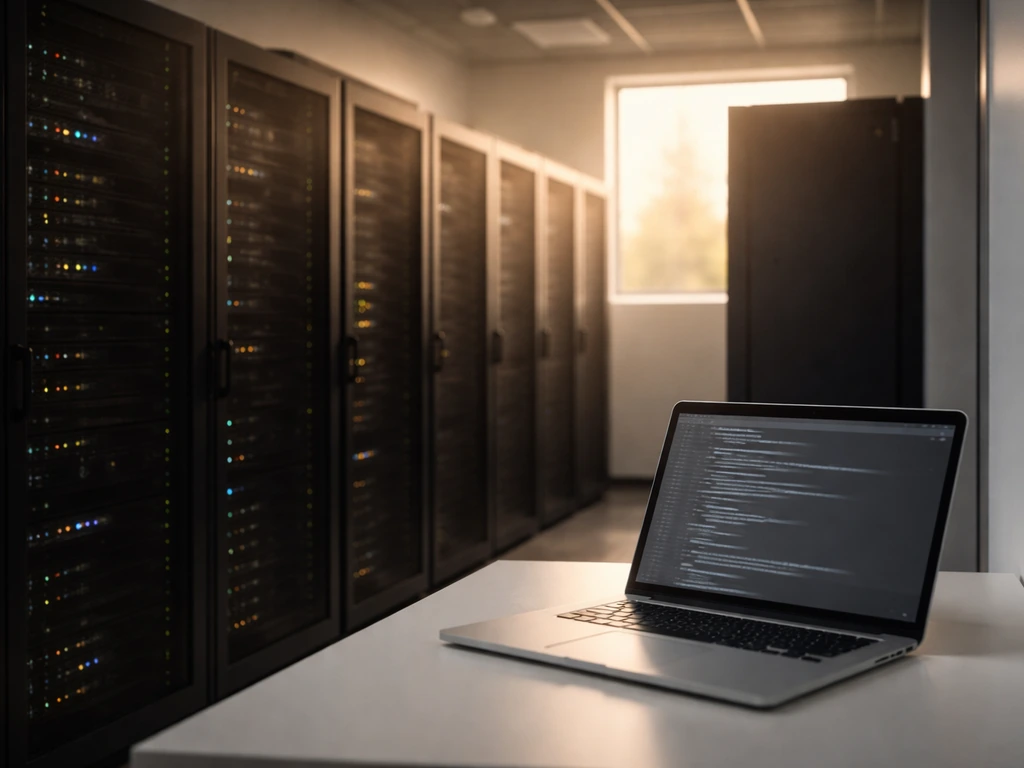 Minimal server room scene with an open laptop showing blurred code, symbolizing enterprise software legacy.