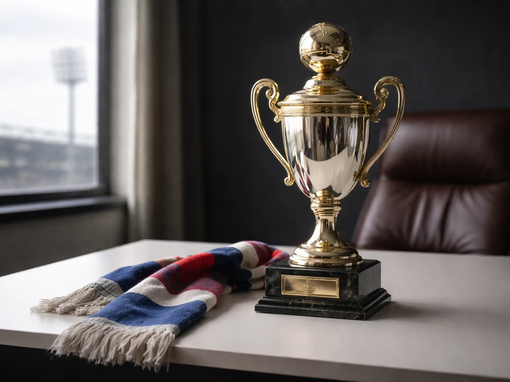 Vintage football trophy and OL-era scarf on a desk with a blurred stadium light outside.