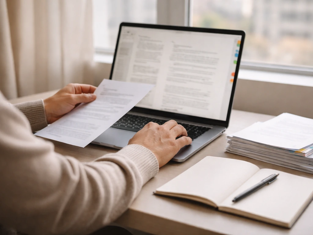 Person reviewing regulatory filings on a laptop with a notebook and pen in a quiet home office.