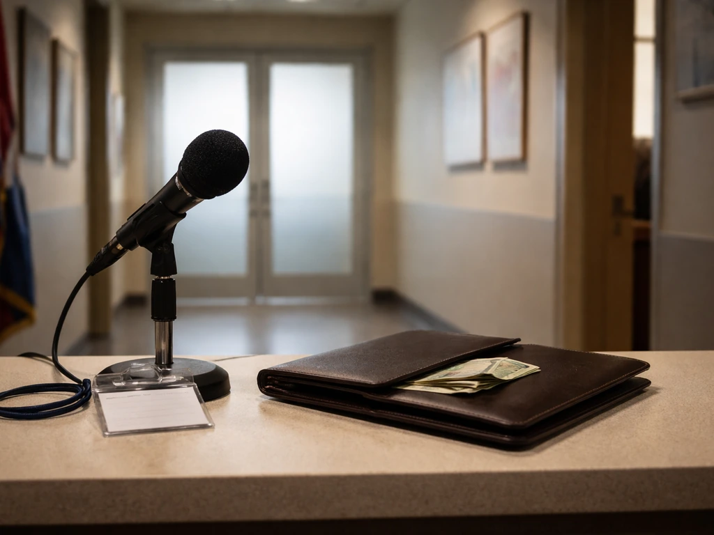 Mic on an office reception table beside a leather portfolio with cash envelopes, symbolizing political wealth search.