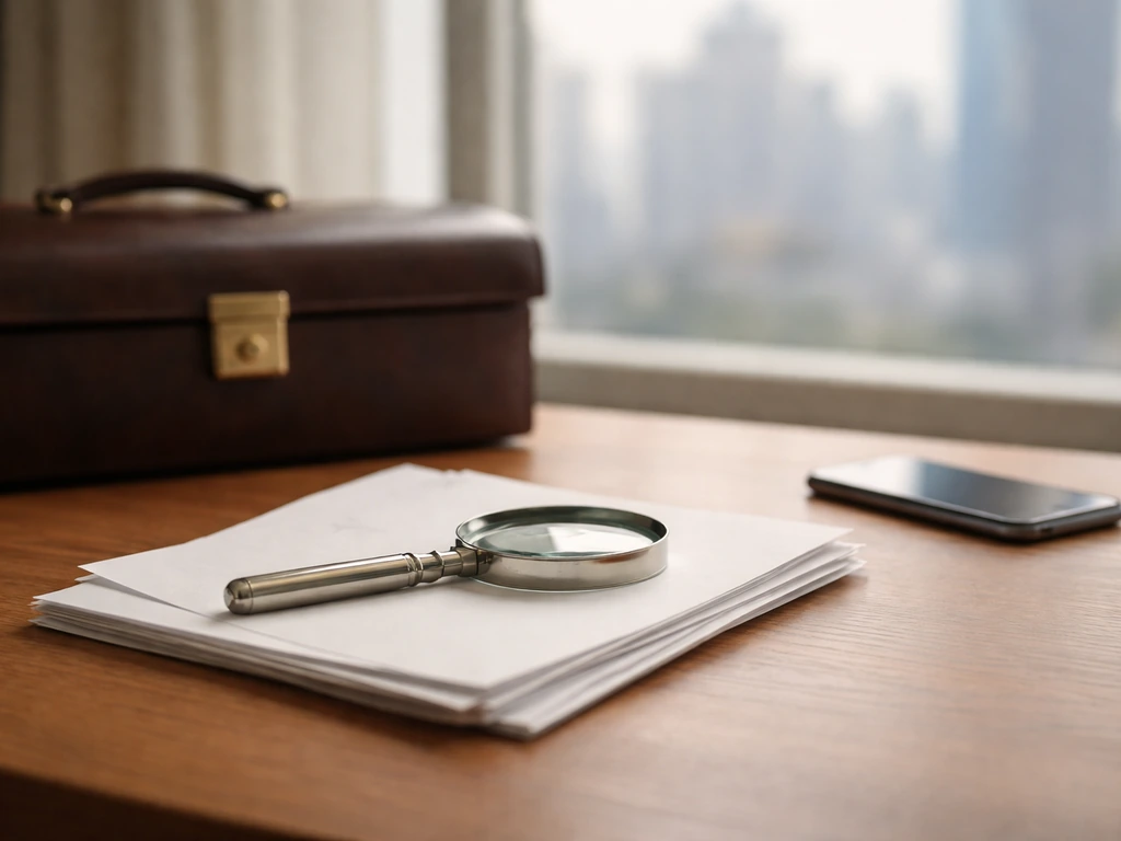 Minimal photo of a banker’s desk with documents, a smartphone, and a magnifying glass suggesting wealth triangulation.
