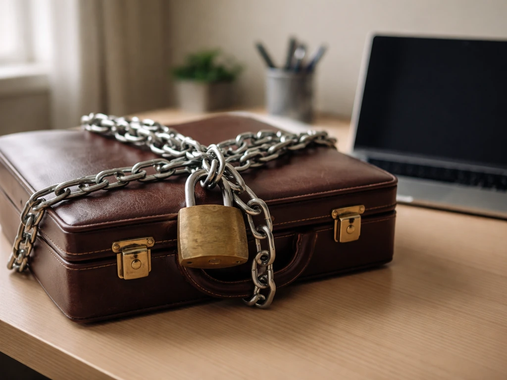 Close-up of a padlocked briefcase on a desk beside a computer, symbolizing asset freeze blocking access.