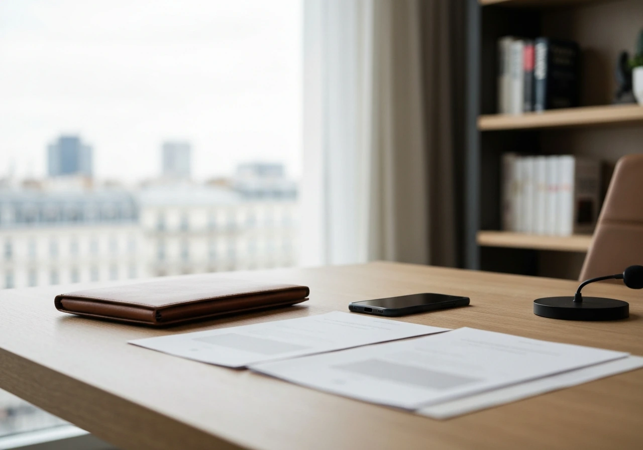 Minimal photo of a quiet office desk with impact-investing themed documents and a smartphone, no people.