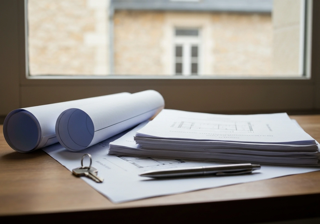 Unlabeled property documents and rolled blueprint on a wooden desk with a key, natural light.