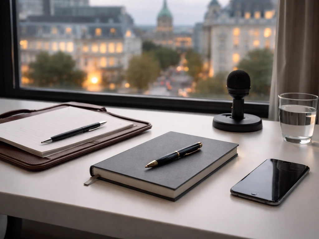 Minimal desk setup with notebook and microphone, symbolizing impact investing and venture fund work.