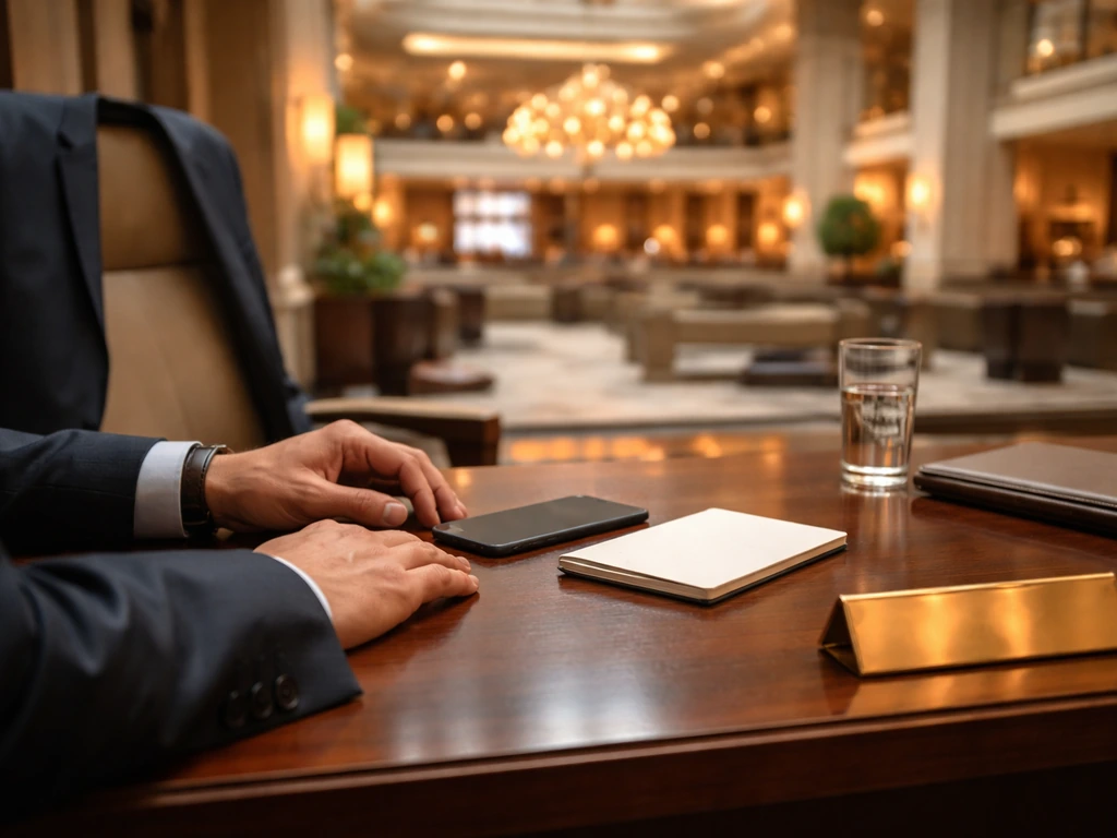 Anonymous executive in a luxury hotel office lobby, suit and desk setting symbolizing senior hospitality leadership.