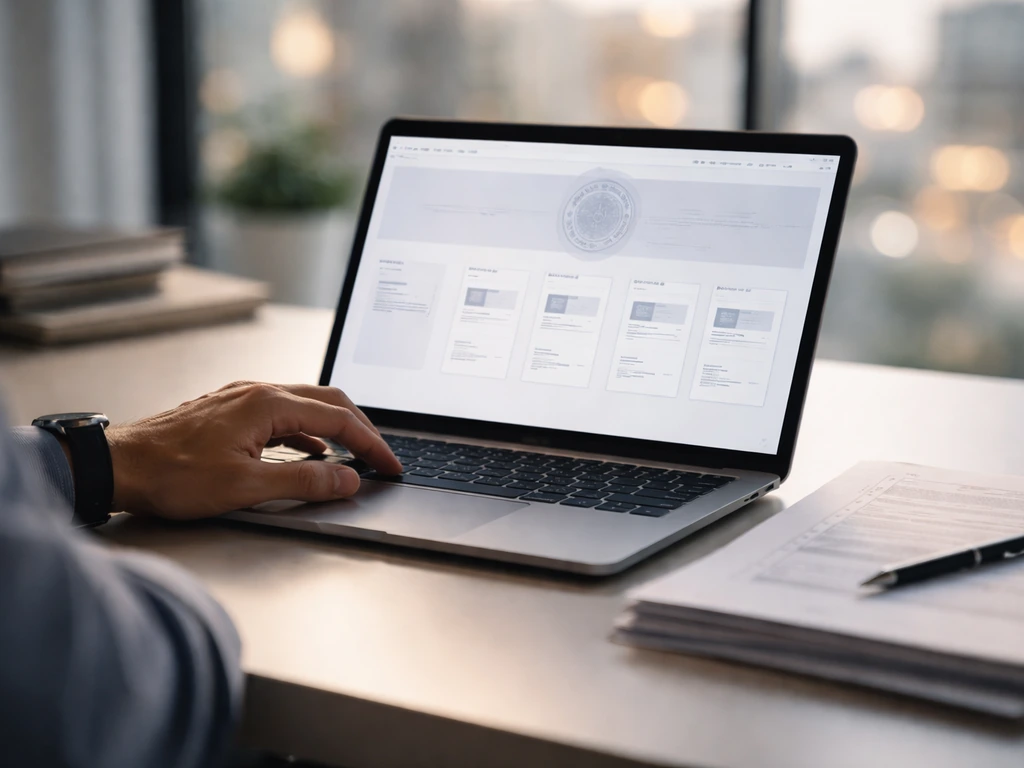 Minimal desk scene with an open laptop showing finance filings and a small stack of documents, no text.